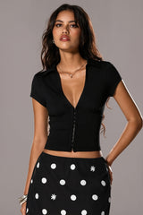 V Neck Button Elastic Slim Crop Blouse