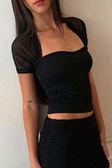 Solid Mesh Splice Sheer Casual Blouse