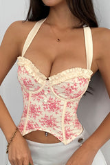 Printed Ruffle Low Cut Backless Boned Underwire Halter Top