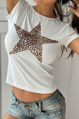 Y2K Leopard Star Printed Slim T-shirt