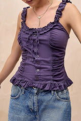 Lace Ruffle Tie Button Cami Top