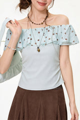 Mint Polka Dot Ruffle Off Shoulder Blouse