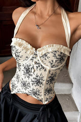 Printed Ruffle Low Cut Backless Boned Underwire Halter Top