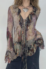 Tie Dye Mesh Ruffle Flare Sleeve Blouse