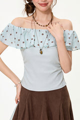 Mint Polka Dot Ruffle Off Shoulder Blouse