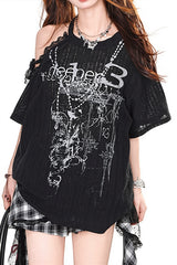 Asymmetric Lace Off Shoulder T‑shirt
