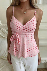 V Neck Waist Tie Wavy Hem Cami Top