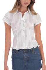 Cropped Plaid Polo Neck Button Blouse