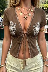 Casual Floral Lace Tie Short Sleeve Blouse
