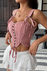 Grid Print Tie Back Boned Bodycon Cami Top