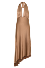 Adelie Asymmetric Hem Halter Midi Dress - Cognac