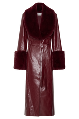 Bec Faux Leather Trench Coat With Faux Fur - Cherry Red
