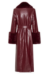 Bec Faux Leather Trench Coat With Faux Fur - Cherry Red