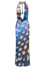 Ethel Mesh Cowl Plunge Maxi - Blue Abstract Print