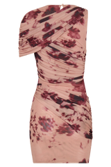 Adrienne One Shoulder Mesh Mini Dress - Nude Blurred Floral Print