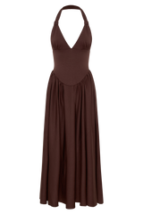 Angelina Scuba Halter Midi Dress - Chocolate