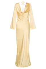 Eliza Long Sleeve Cowl Lace And Satin Maxi Dress - Lemon