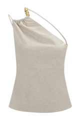 Gabby Asymmetrical Neckline Linen Beaded Top - Natural