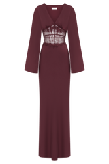 Kaya Long Sleeve Satin And Mesh Maxi Dress - Wine