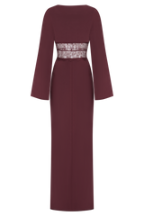 Kaya Long Sleeve Satin And Mesh Maxi Dress - Wine