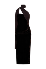 Mattea Velvet Midi Dress With Scarf - Chocolate