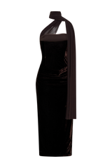 Mattea Velvet Midi Dress With Scarf - Chocolate