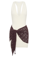 Mollie Mini Dress With Crochet Overlay - White/Chocolate