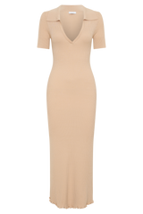 Nichelle Short Sleeve Collared Knit Midi Dress - Natural