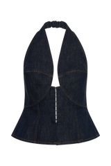 Rema Halter Longline Denim Top - Washed Indigo Blue