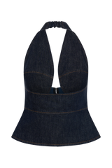 Rema Halter Longline Denim Top - Washed Indigo Blue