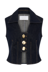 Shona Denim Vest With Decorative Buttons - Washed Indigo Blue