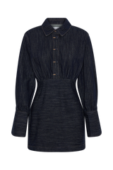 Zarah Denim Long Sleeve Mini Dress - Indigo Pinstripe