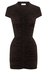 Alphine Gathered Short Sleeve Mini Dress - Chocolate