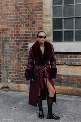 Bec Faux Leather Trench Coat With Faux Fur - Cherry Red