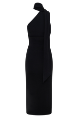 Jemma One Shoulder Tie Midi Dress - Black