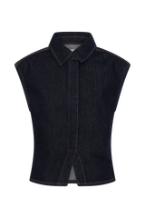 Jeremy Collared Denim Longline Top - Washed Indigo Blue