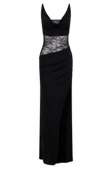 Kelela Draped Slinky And Lace Maxi Dress - Black