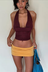 Chic Burgundy Draped V Neck Cinched Crop Blouse