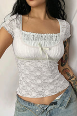 Square Neck Lace Spliced Tie Slim Blouse