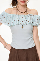 Mint Polka Dot Ruffle Off Shoulder Blouse