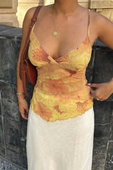 Retro Print Contrast Mesh Slim Cami Top