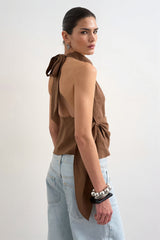 Cowl Neck Backless Asym Draped Halter Top