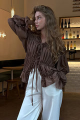 Solid Ruched Ruffle Tie Blouse