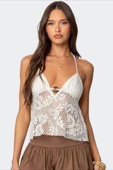 Boho Cutout Sexy V Neck Lace Halter Top