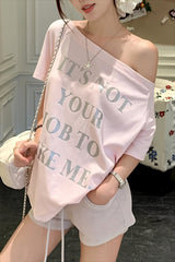 Letter Print Pink Off‑Shoulder T‑shirt