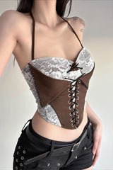 Chic Color Block Lace Insert Tie Waist Backless Halter Top