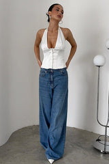 Sexy Solid Button Down Deep V Halter Top