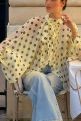 Polka Dot Tie Sheer Lantern Sleeve Blouse