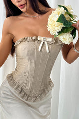 Lace Ruffle Trim Boned Strapless Corset Sexy Blouse