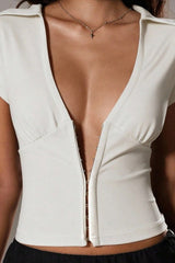 V Neck Button Elastic Slim Crop Blouse